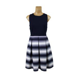 Louche Navy Blue Pleated Striped Sleeveless Midi Dress